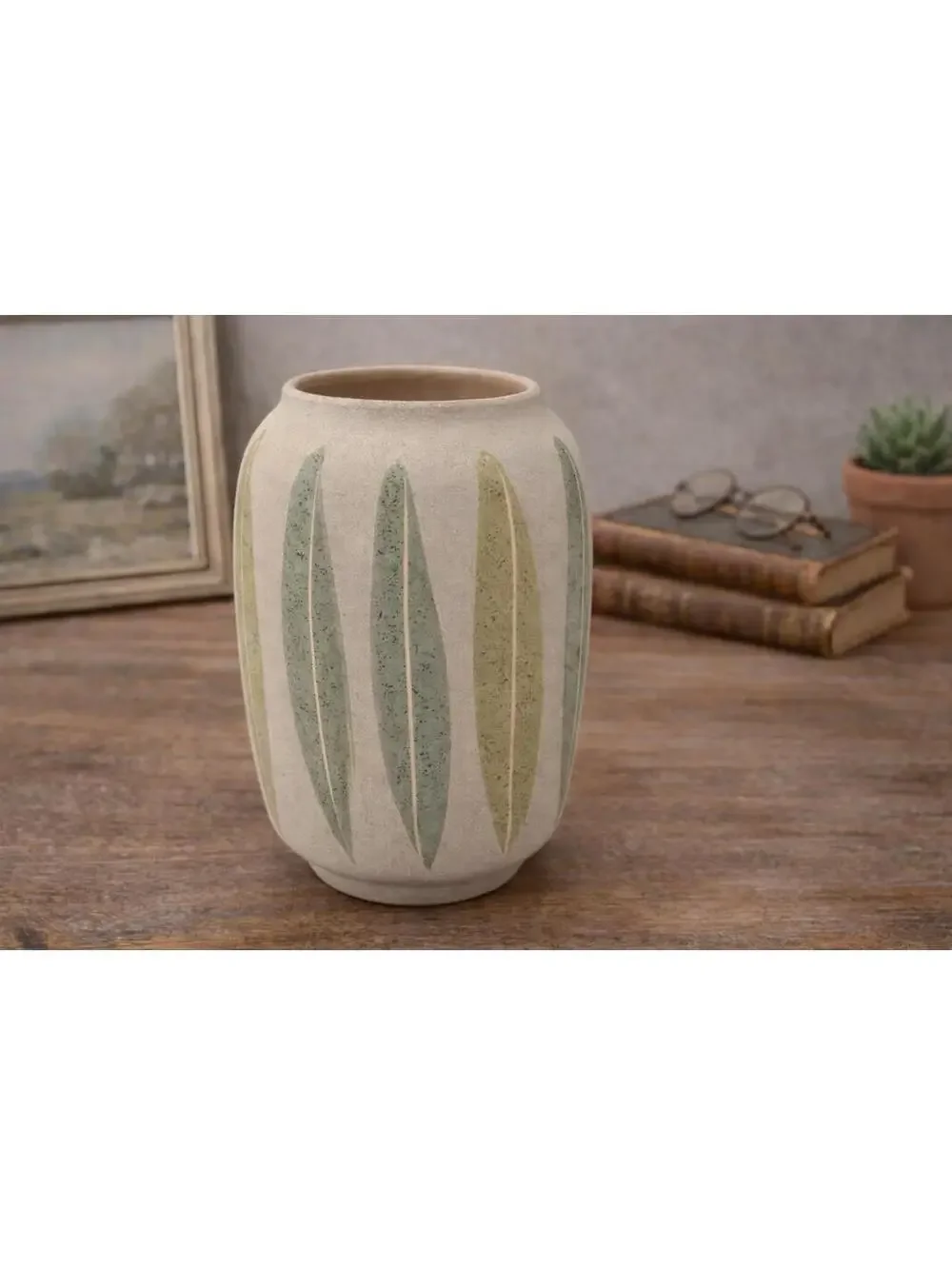 Vintage Scheurich Ceramic Green Leaf/Feather Germany Vase - Stamped
